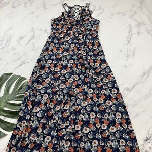 Molly Bracken Womens Maxi Dress Size L Blue Orange Floral Ruffles Faux Wrap